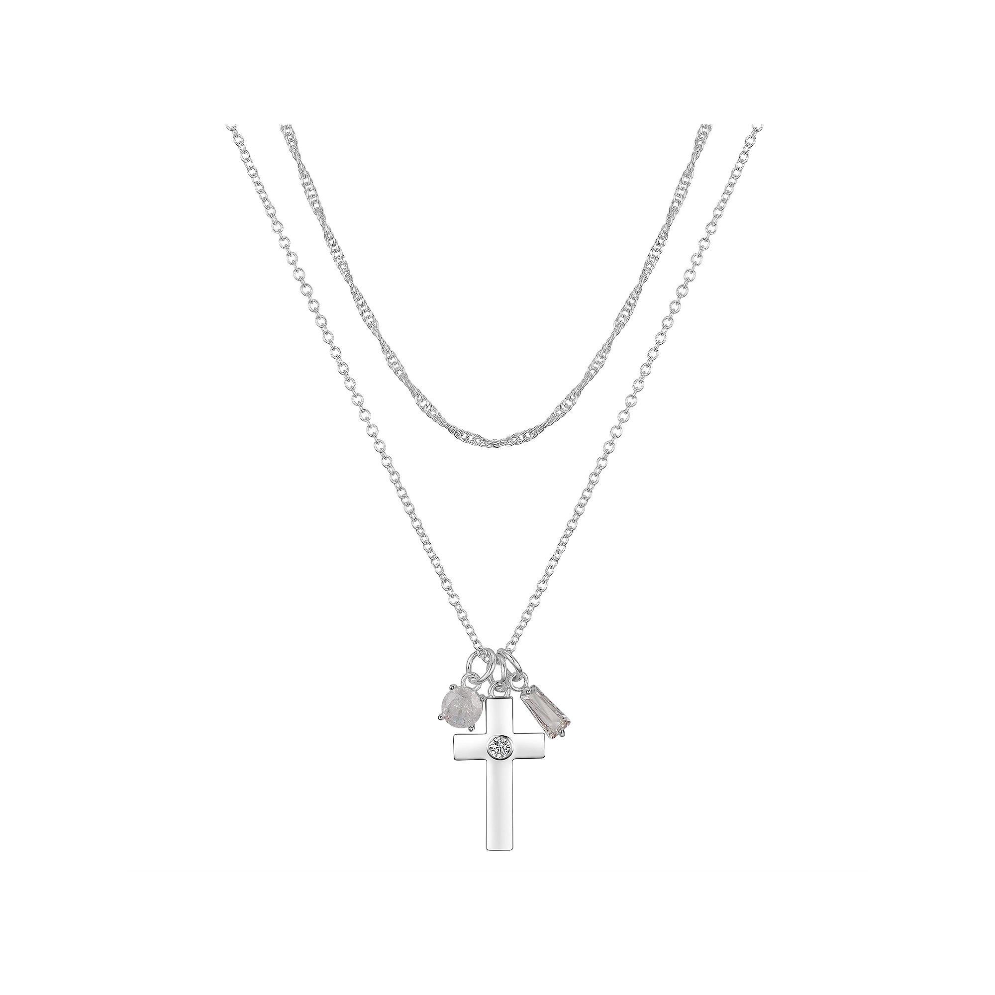 Gratitude & Grace Fine Silver Plated Cubic Zirconia Cross, Round Stone, & Baguette Charms Pendant Necklace & Chain Necklace Set, Women's, Size: 20", Silver Tone Product Image
