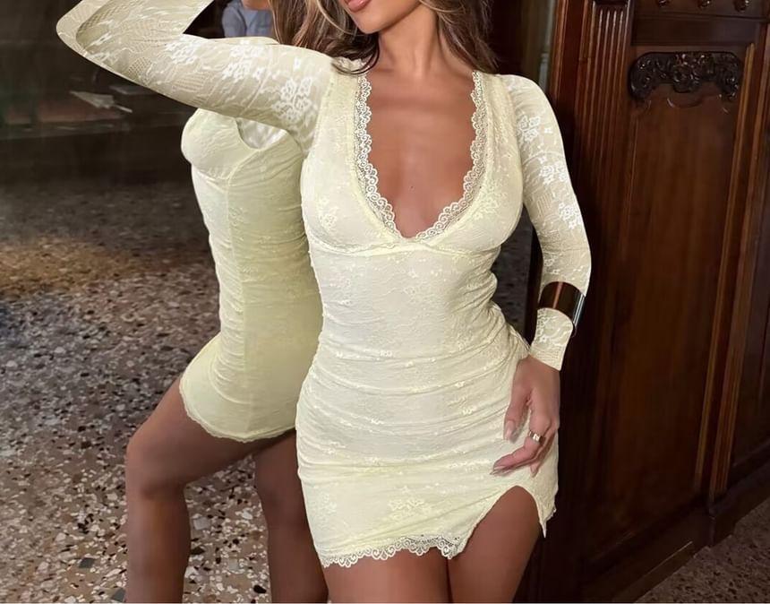 Long Sleeve V-Neck Frill Trim Plain Mini Bodycon Dress Product Image