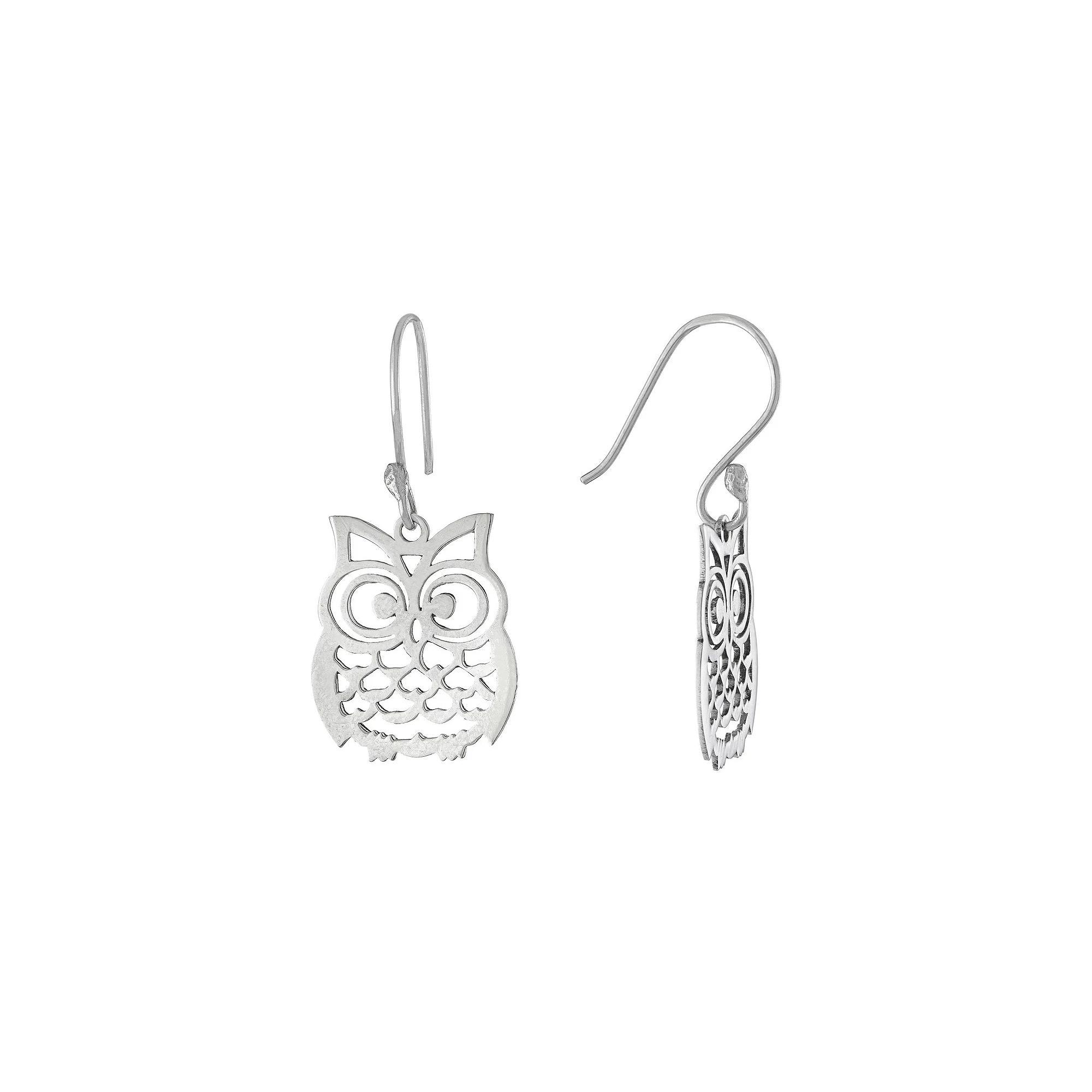 Main And Sterling Sterling Silver Laser Cut Owl Drop Earrings, Women's Product Image