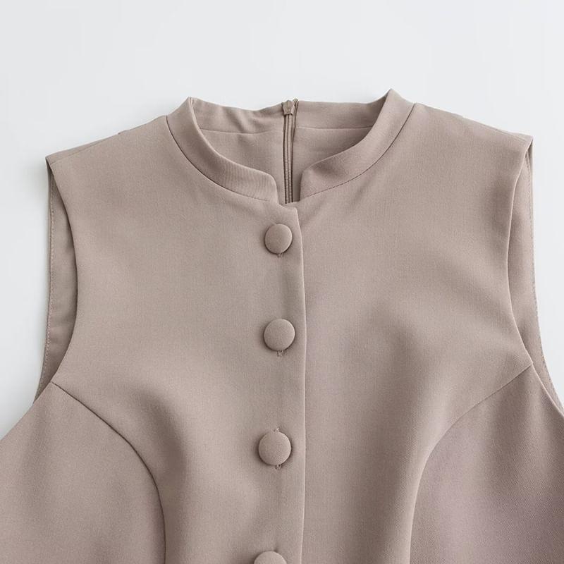 Sleeveless Button-Up Plain Romper Product Image