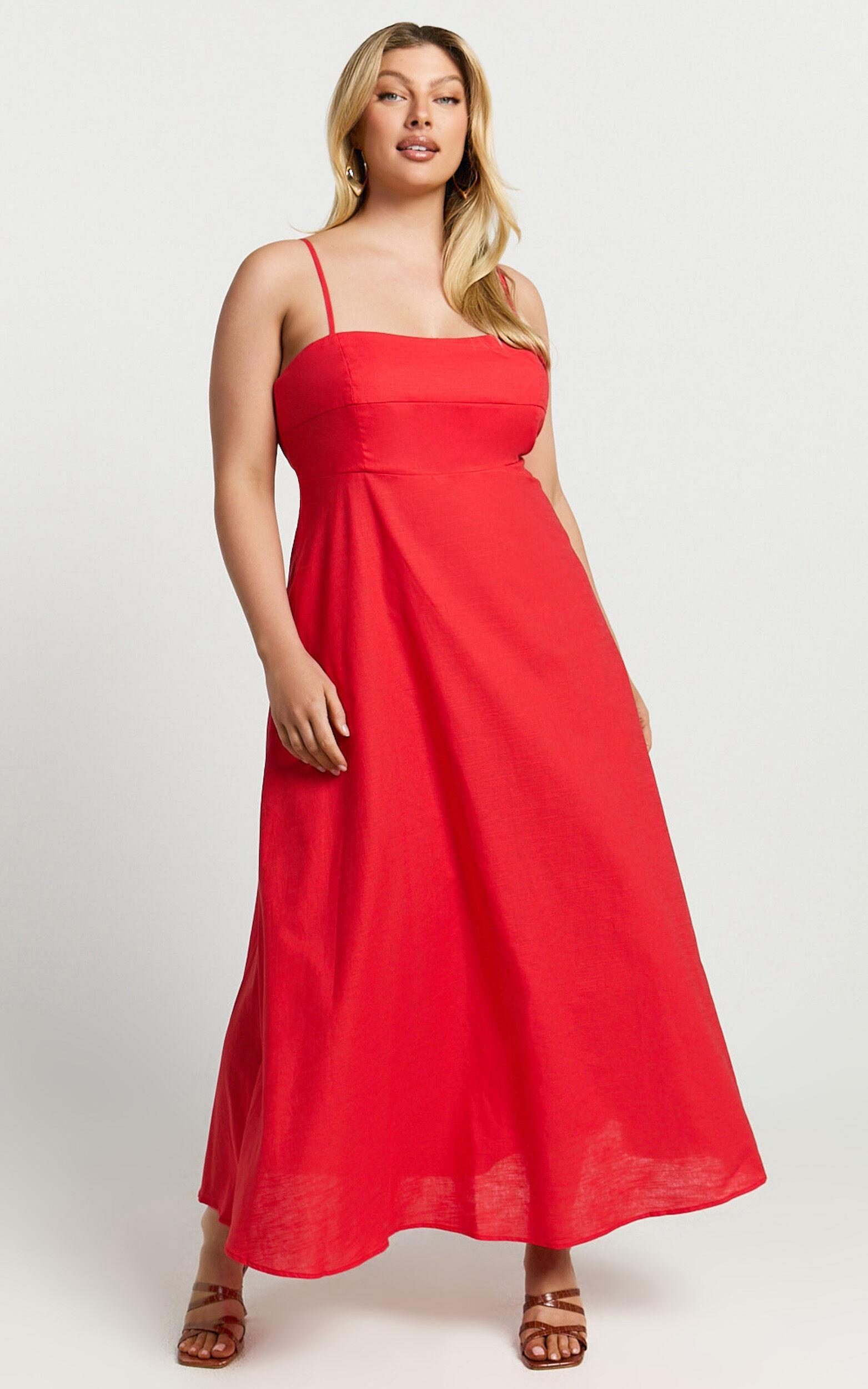 Brette Midi Dress - Linen Straight Neck Strappy Fit And Flare Dress in Red Product Image
