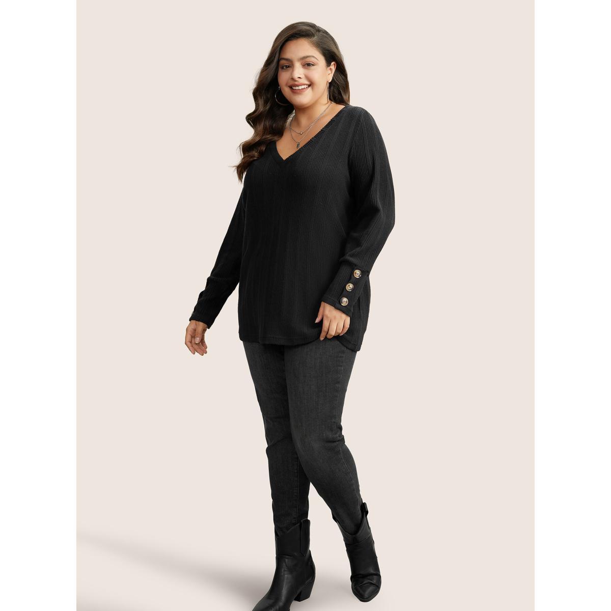 Plus Size Rib Knit V Neck Button Detail T-shirt Black Women Casual Non Plain V-neck Everyday T-shirts BloomChic 22-24/3X Product Image