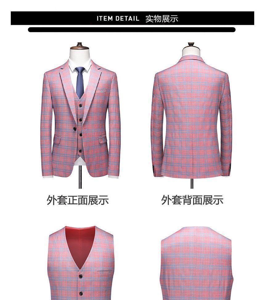 Set: Plaid One-Buttoned Blazer + V-Neck Button-Up Vest + Mid Rise Tapered Dress Pants Product Image