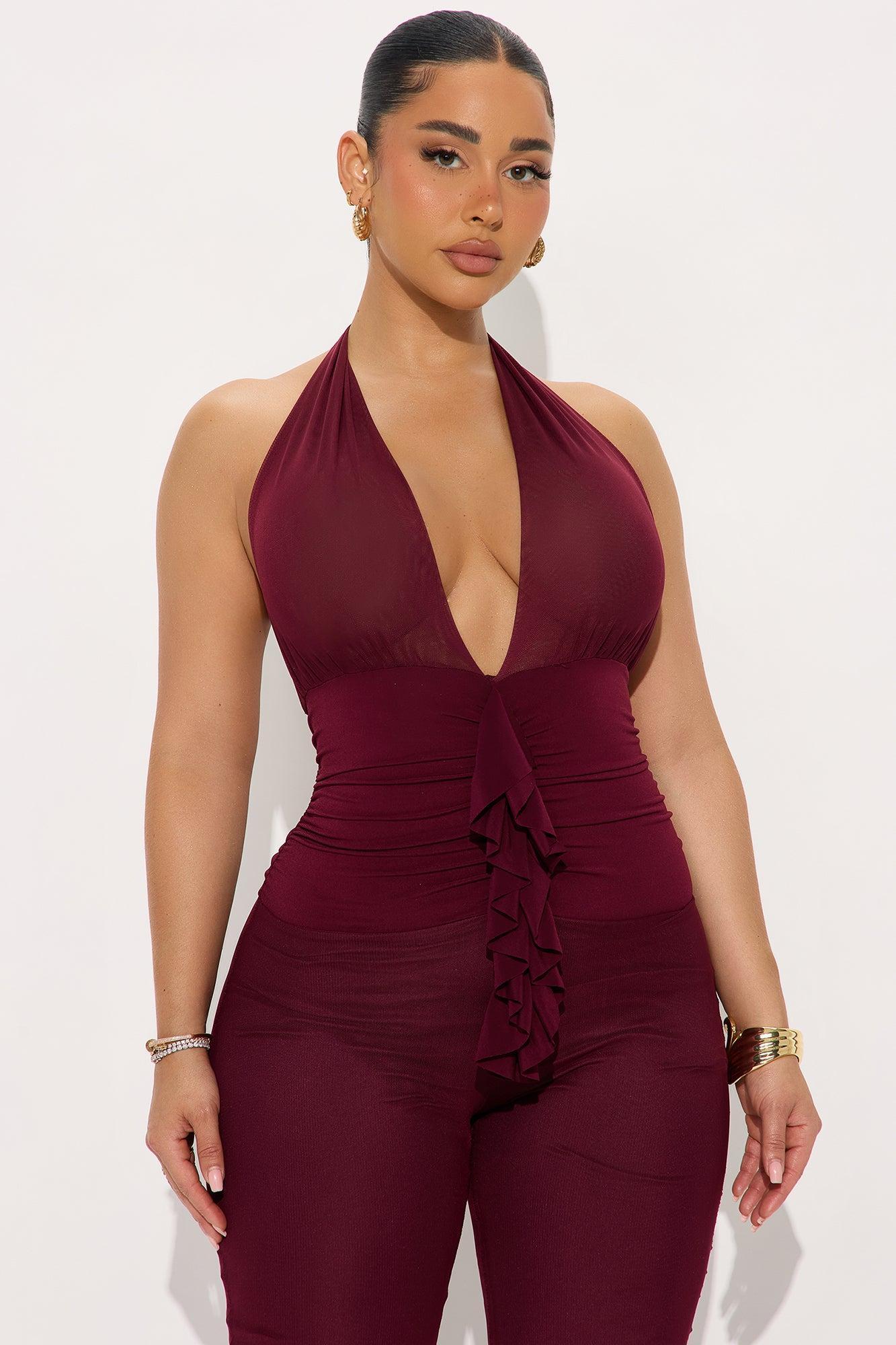 Caught Feelings Mesh Jumpsuit - Burgundy Product Image