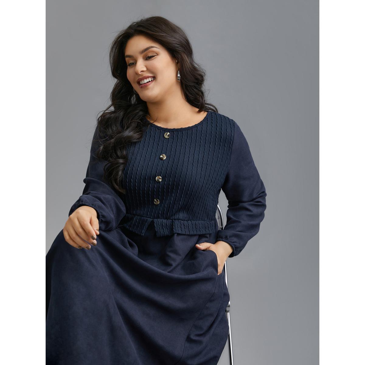 Plus Size Textured Button Detail Lantern Sleeve Dress Indigo Women Casual Texture Round Neck Long Sleeve Curvy BloomChic 14-16/1X Product Image