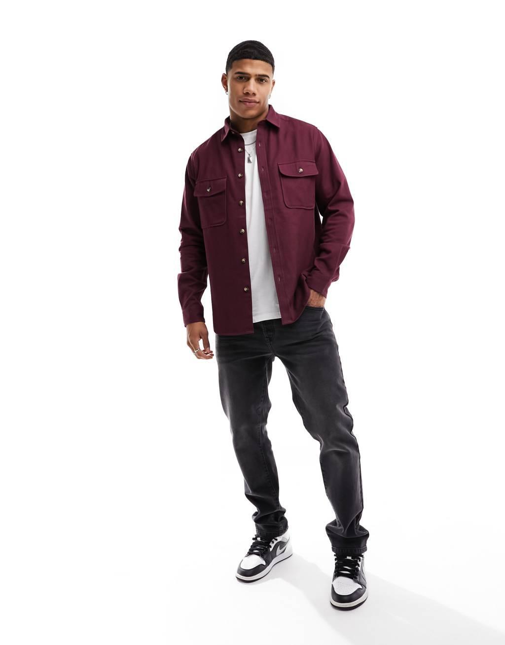 ASOS DESIGN cotton overshirt in burgundy  Product Image