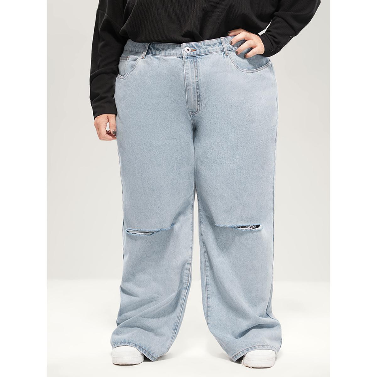 Plus Size Boyfriend Wide Leg Non Stretchy High Rise Light Wash Distressed Jeans Women LightBlue Casual Plain Distressed No stretch Pocket Jeans BloomChic 20/2X Product Image