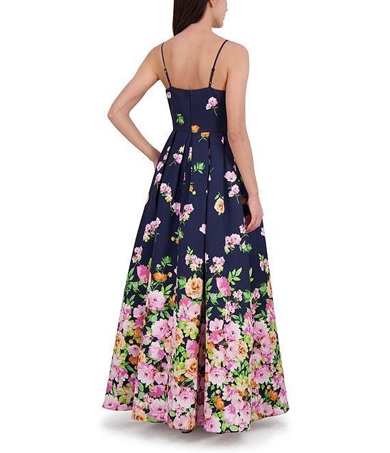 Eliza J Mikado Floral Print Sweetheart Neck Sleeveless Bow A-Line Gown Product Image