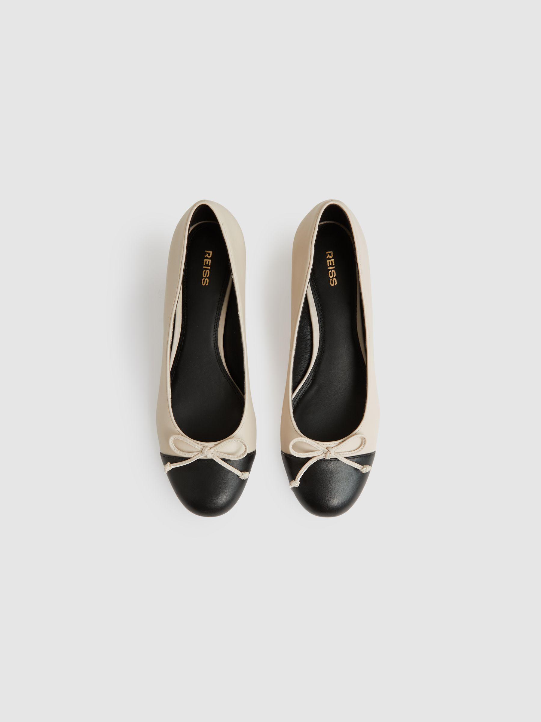 Leather Block Heel Ballerina Shoes in White/Black Product Image