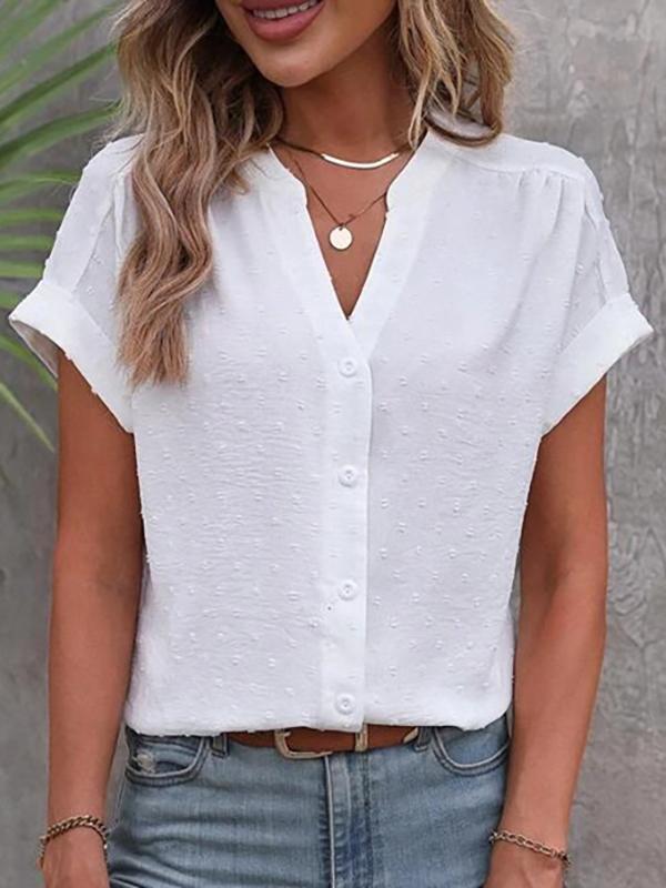 Loose Raglan Sleeve Buttoned Jacquard Solid Color V-Neck Blouses&Shirts Tops Product Image