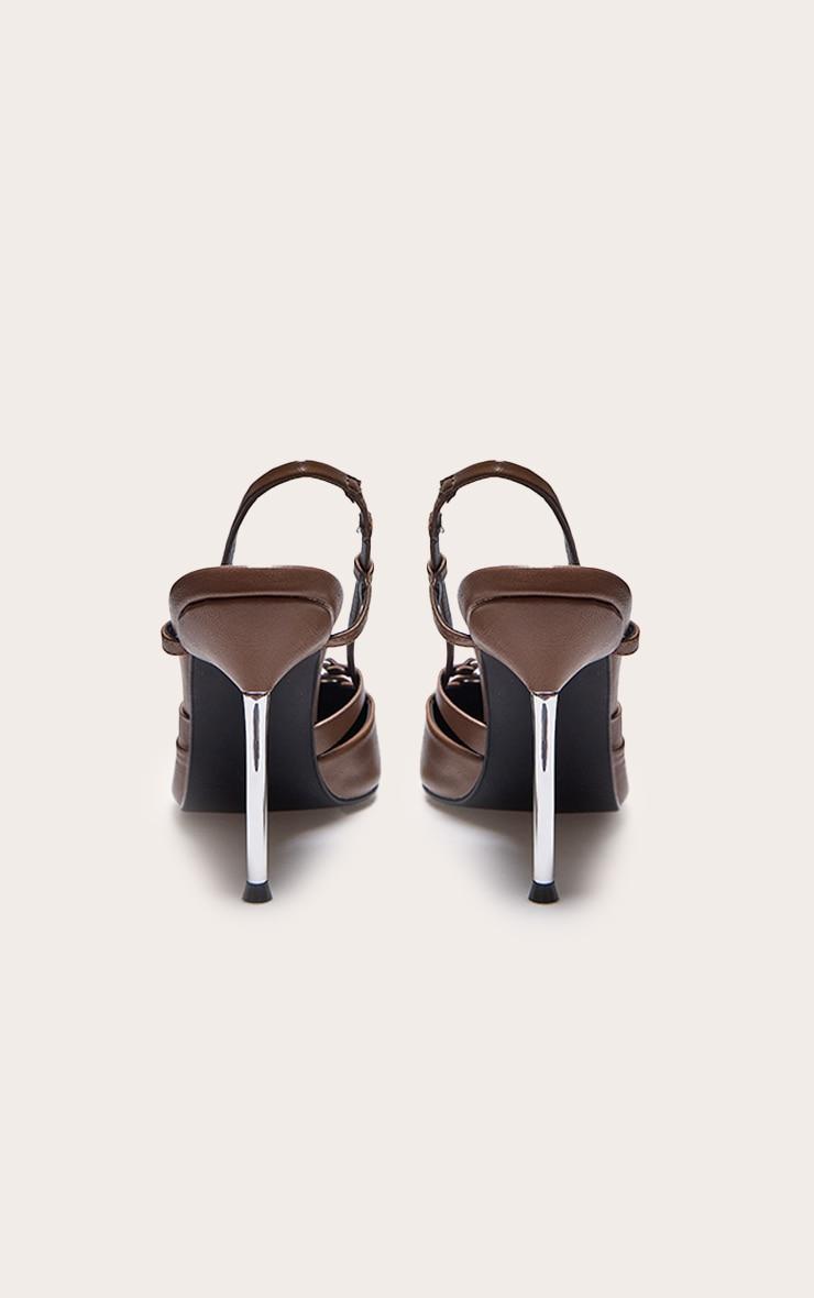 Taupe Faux Leather Point Toe Buckle Strap Sling Back High Heeled Mules Product Image