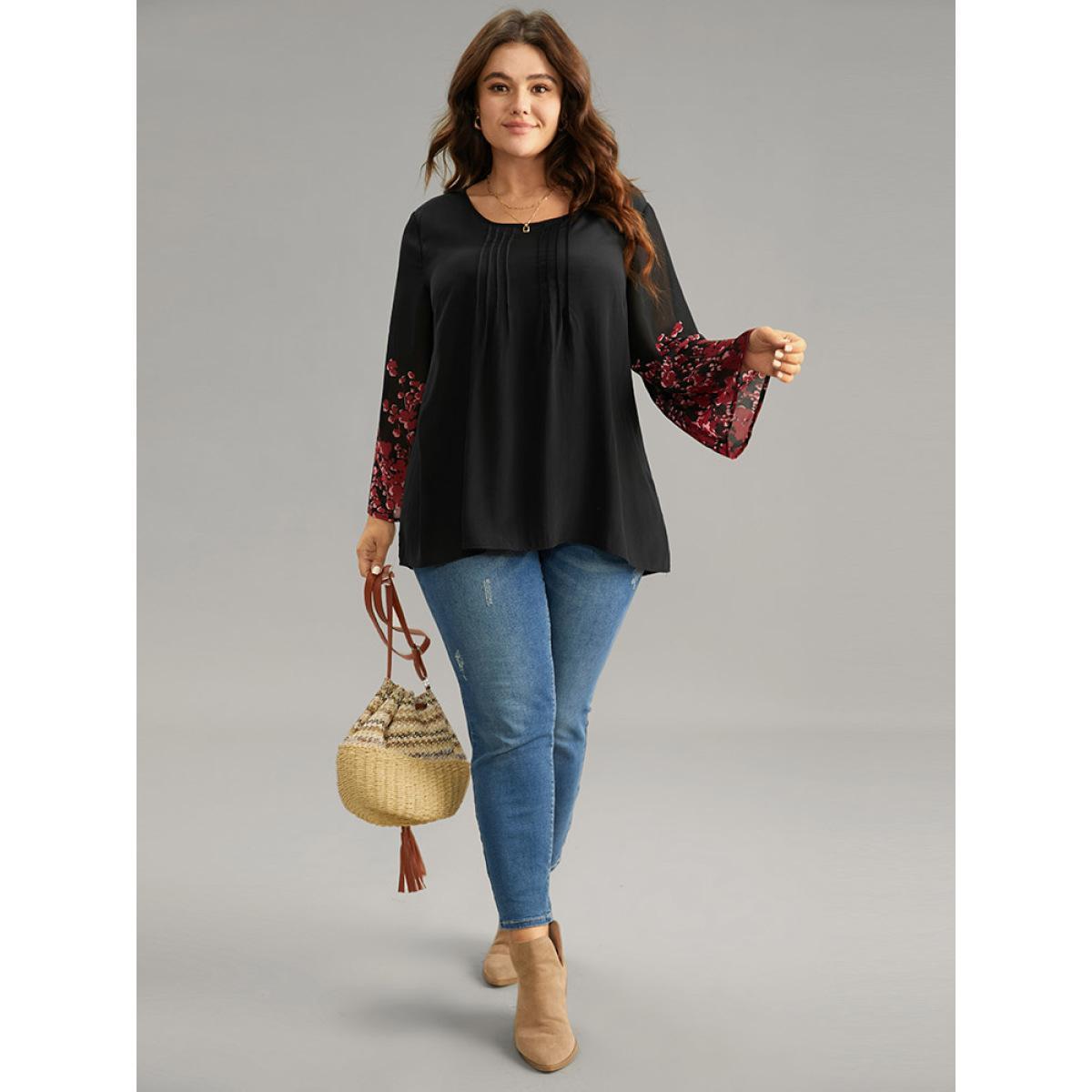 Plus Size Black Boho Print Pleated Mesh Ruffle Sleeve Blouse Women Vacation Long Sleeve Round Neck Dailywear Blouses BloomChic 18-20/2X Product Image