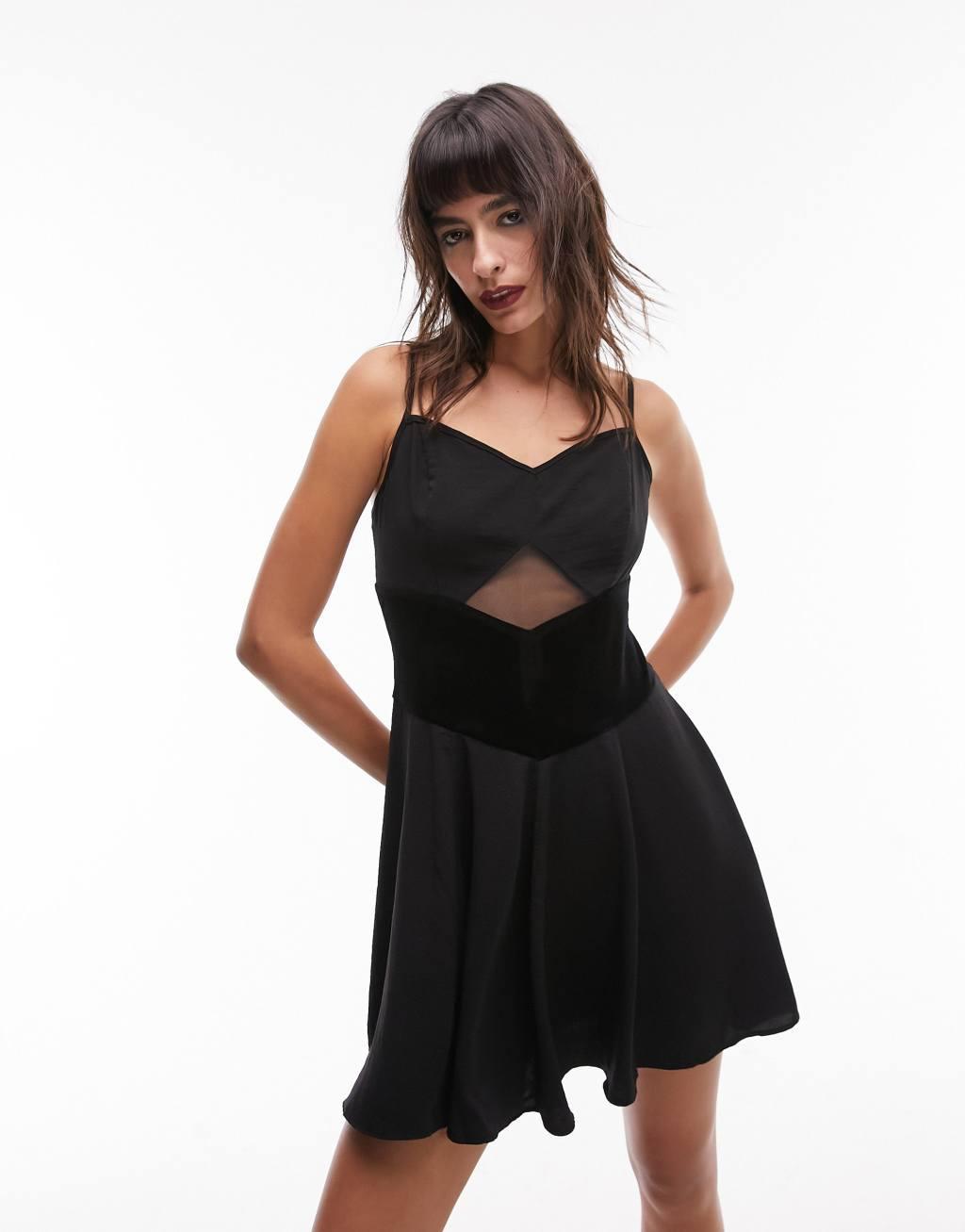 Topshop velvet and cut-out mesh mix flippy strappy mini dress Product Image
