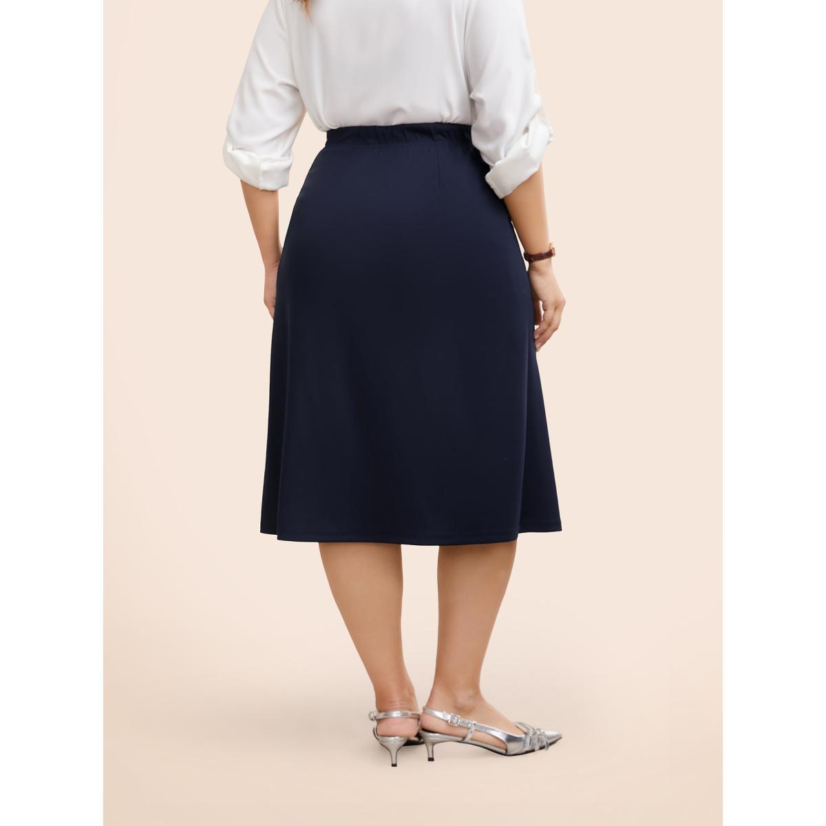 Plus Size Button Detail Split Hem Medium Stretch Skirt Women Indigo At the Office Button Medium stretch Side seam pocket Work Skirts BloomChic 10/M Product Image