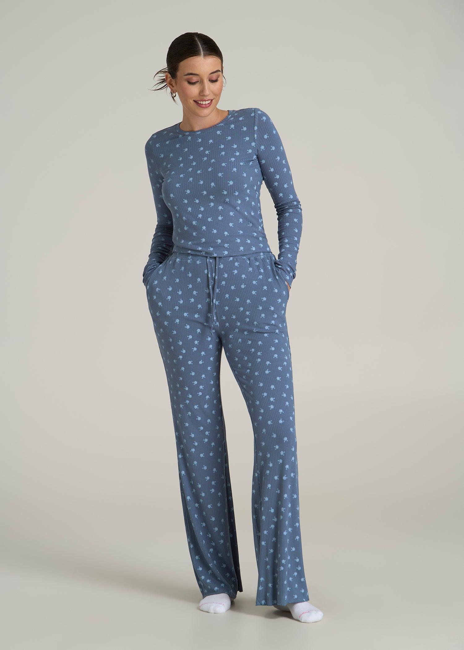 Lightweight Ribbed Cropped Lounge Shirt for Tall Women in Vintage Indigo Floral Product Image