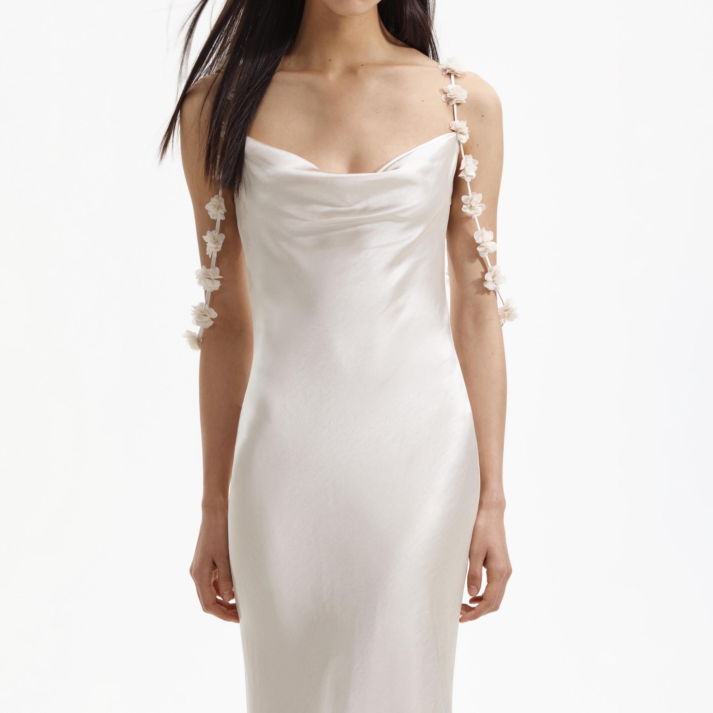 Champagne Satin Flower Maxi Dress Product Image