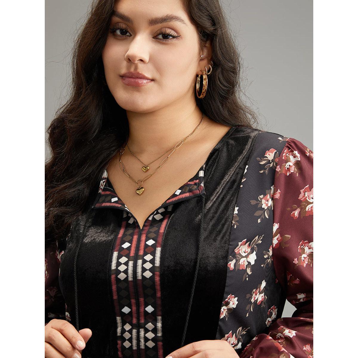 Plus Size Scarlet Velvet Floral Contrast Knot Neck Tassel Blouse Women Vacation Long Sleeve Tie Neck Dailywear Blouses BloomChic 18-20/2X Product Image