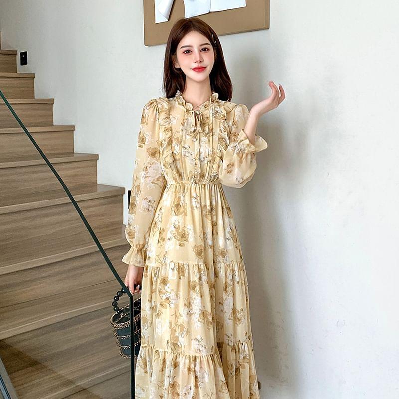Long-Sleeve Floral Print Maxi A-Line Dress Product Image