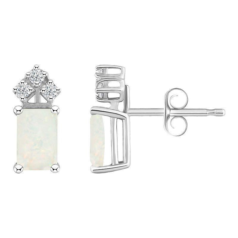 Celebration Gems 14k Gold Emerald Cut White Opal & 1/8 Carat T.W. Diamond Stud Earrings, Womens Product Image