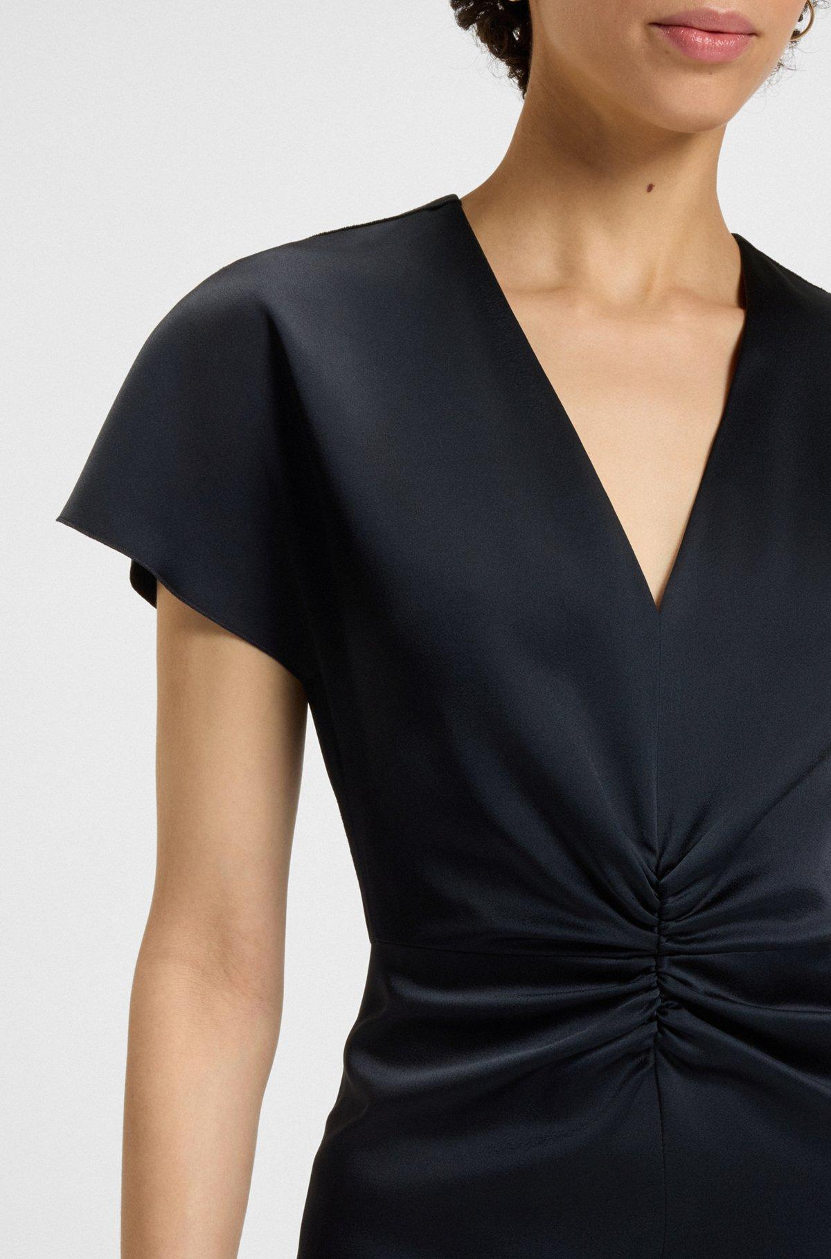 BOSS - V-neck dress with gathered waistband - Dark Blue Product Image