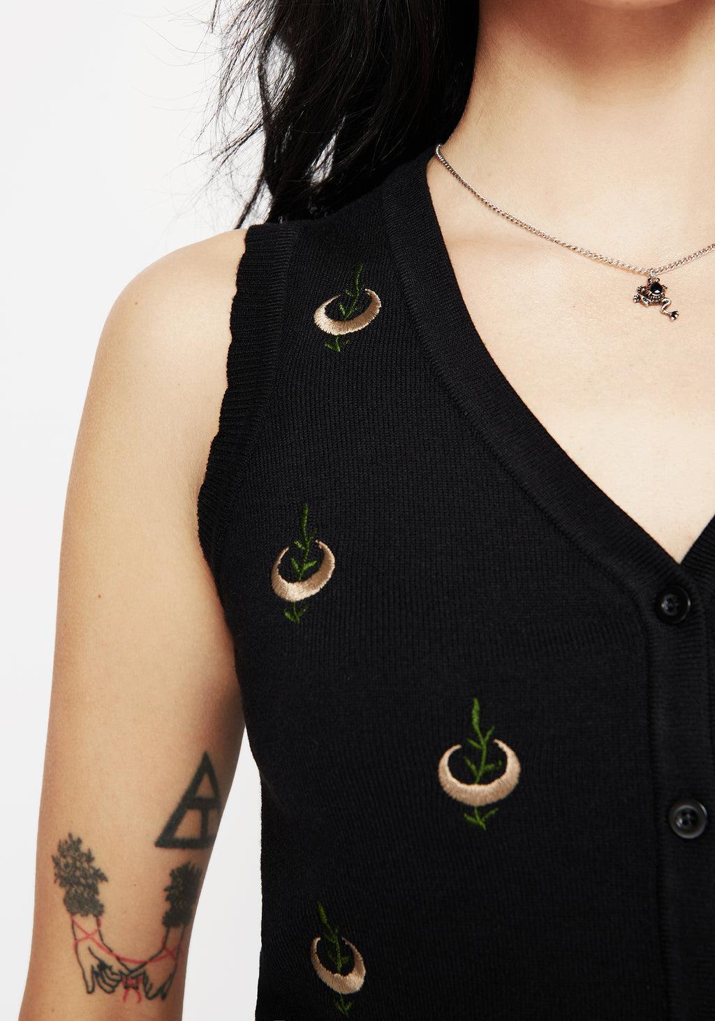 Liana Moon Leaf Embroidered Button Up Knit Vest Product Image