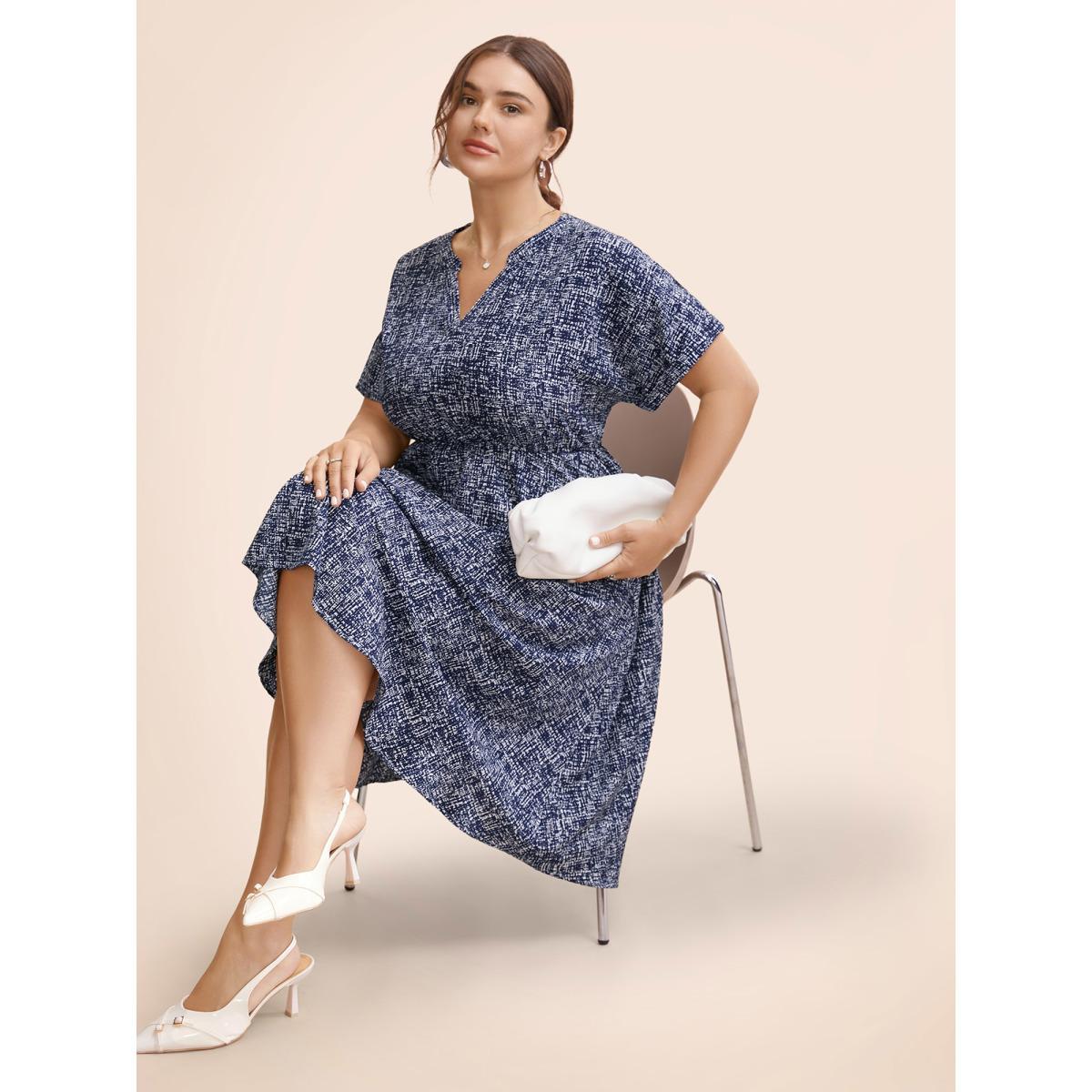 Plus Size Allover Print Batwing Sleeve Notched Blouse DarkBlue Women At the Office Non Notched collar Short sleeve Curvy BloomChic 10/M Product Image