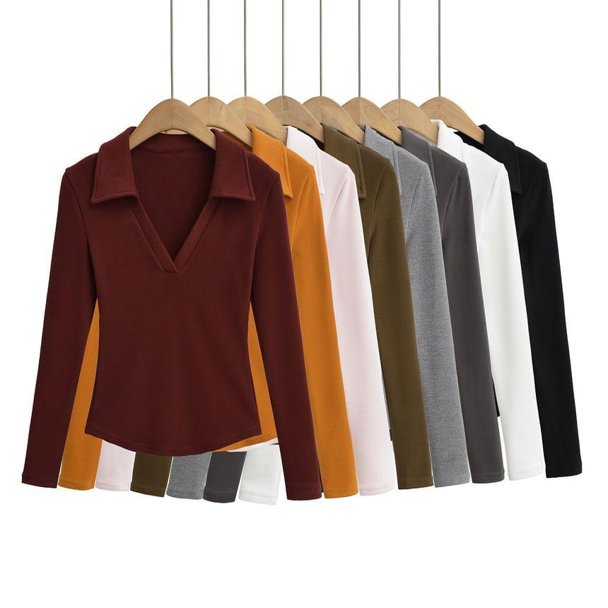Long-Sleeve Plain Polo Top Product Image