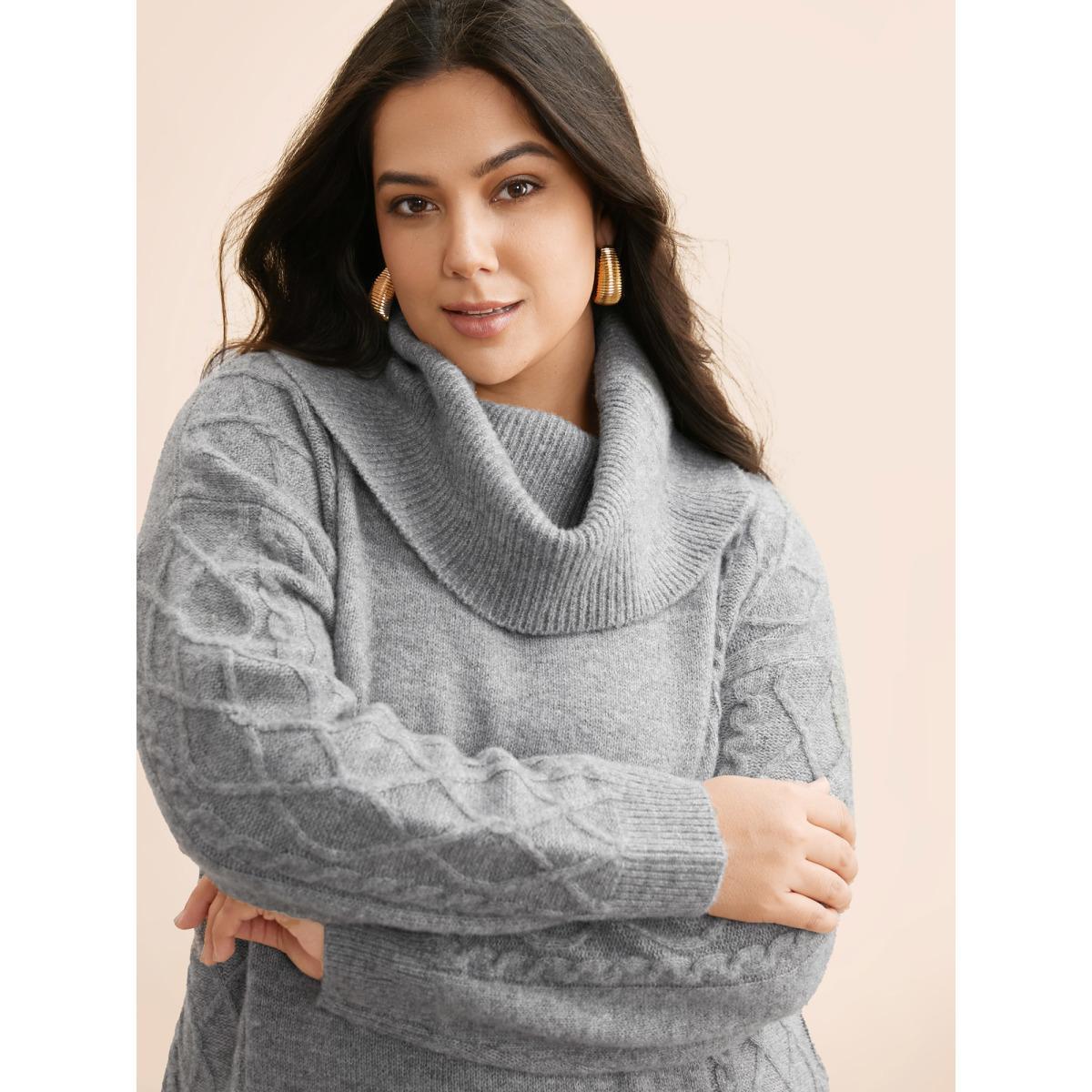 Plus Size Airy Cozy Cable Knit Wool Sweater Dress DimGray Women Casual Loose Long Sleeve Everyday Sweater Dresses BloomChic 12/L Product Image