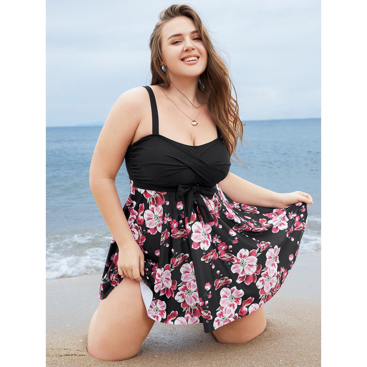Plus Size Floral Print Knotted Twist Front A Line Swim Dress Women's Swimwear Black Vacation Bodycon High stretch Curve Swim Dresses BloomChic 22-24/3X Product Image
