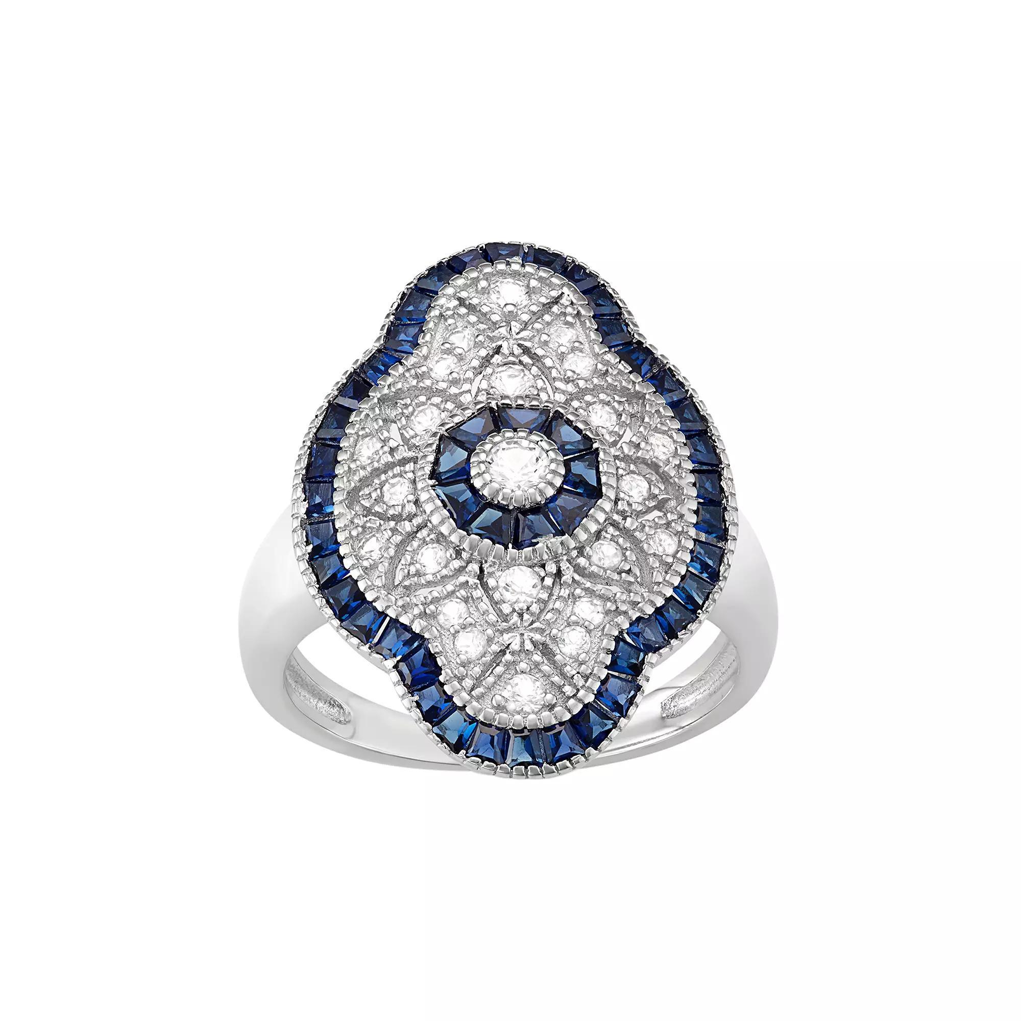 Sterling Silver Lab-Created White & Blue Sapphire Art Deco Ring, Women's, Size: 6, Med Blue Product Image