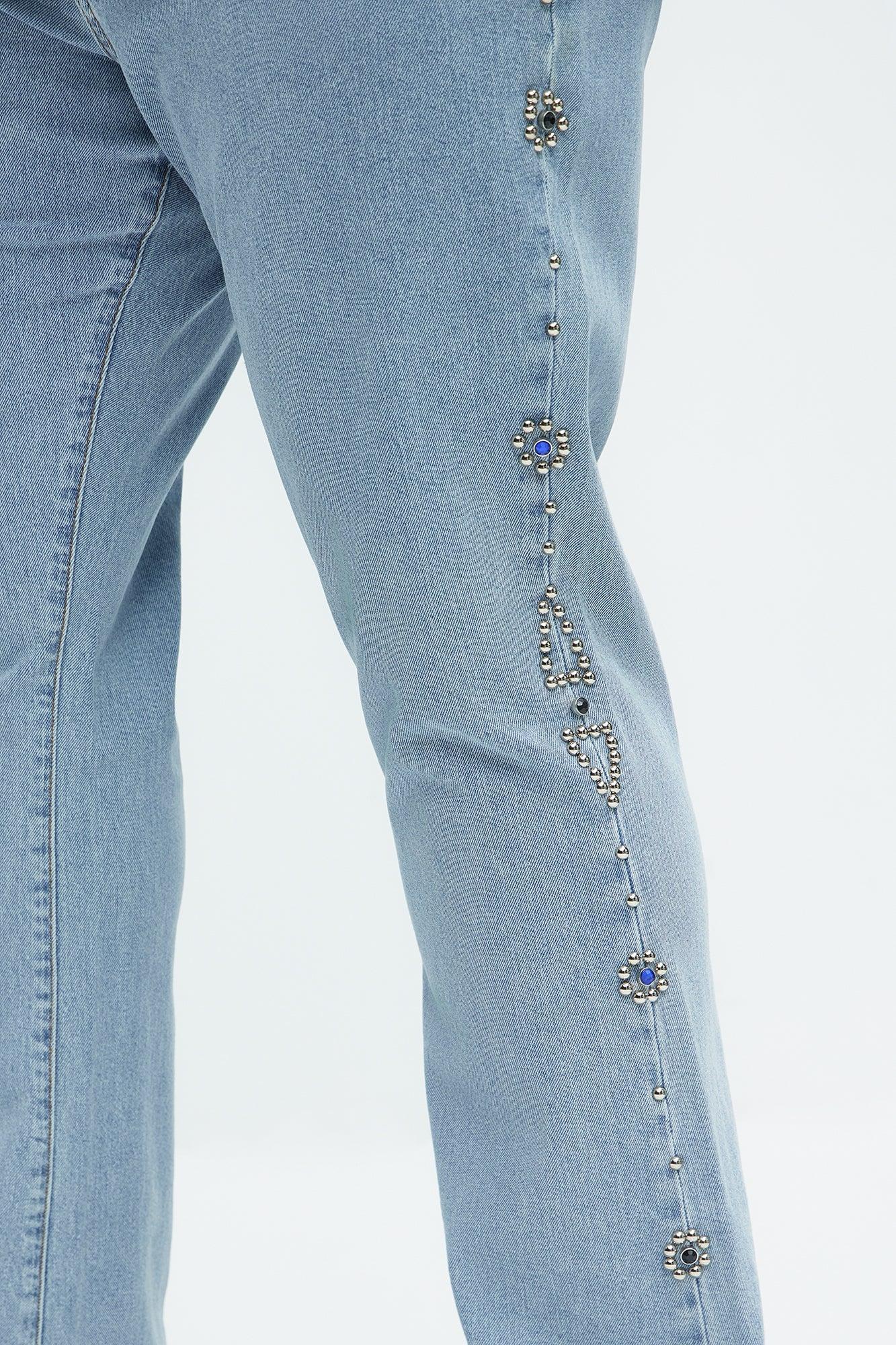 Western Studded Stacked Slim Flare Jeans - Light Wash Product Image