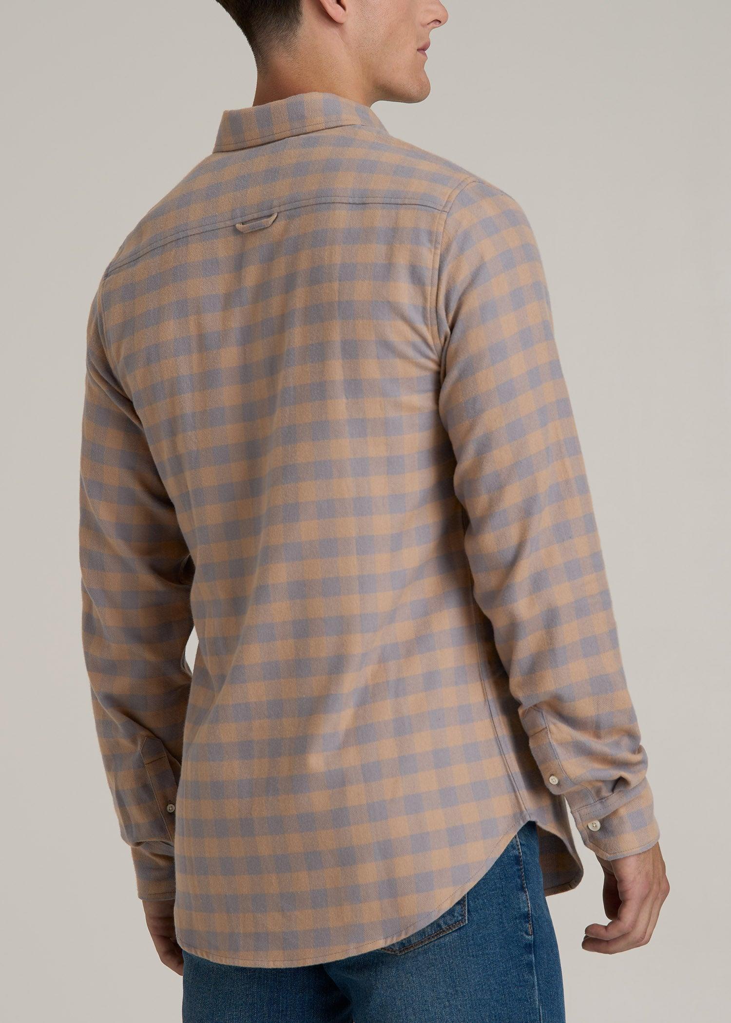 Midweight Brushed Flannel Button Shirt for Tall Men in Taupe and Grey Check Product Image