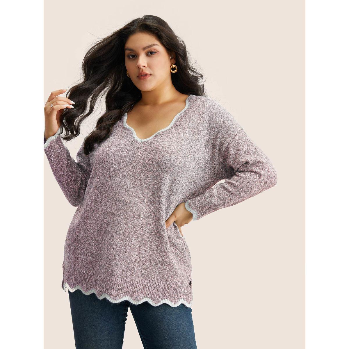 Plus Size Contrast Split Side Scalloped Trim Pullover MistyRose Women Casual Long Sleeve V-neck Everyday Pullovers BloomChic 22-24/3X Product Image