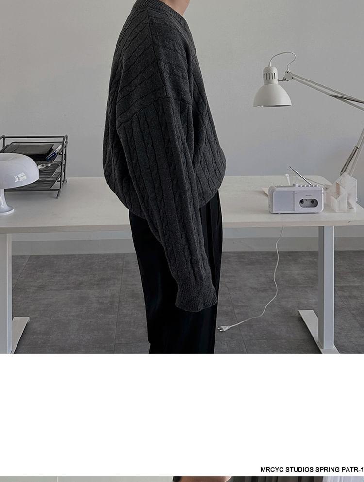 V-Neck Plain Cable-Knit Sweater Product Image