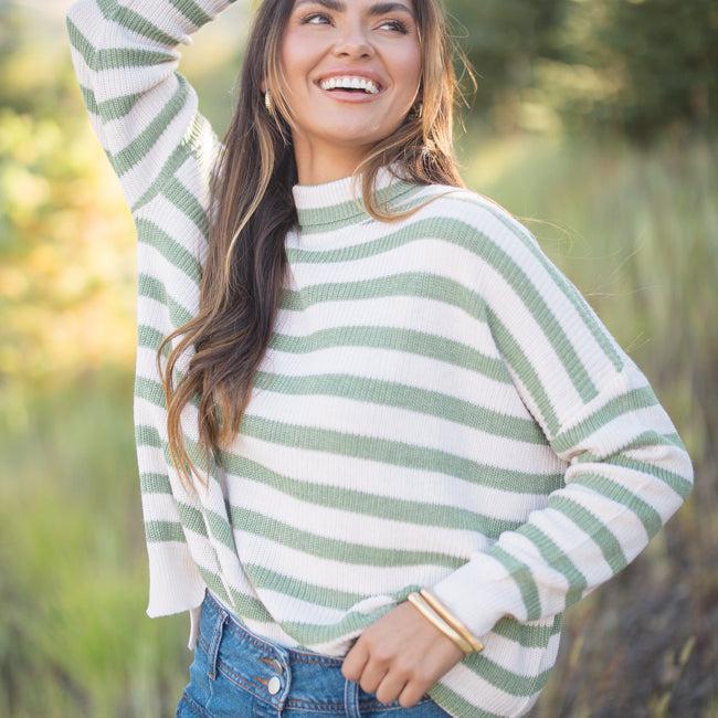 Keep On Shining Olive And Cream Striped Turtleneck Sweater FINAL SALE Product Image