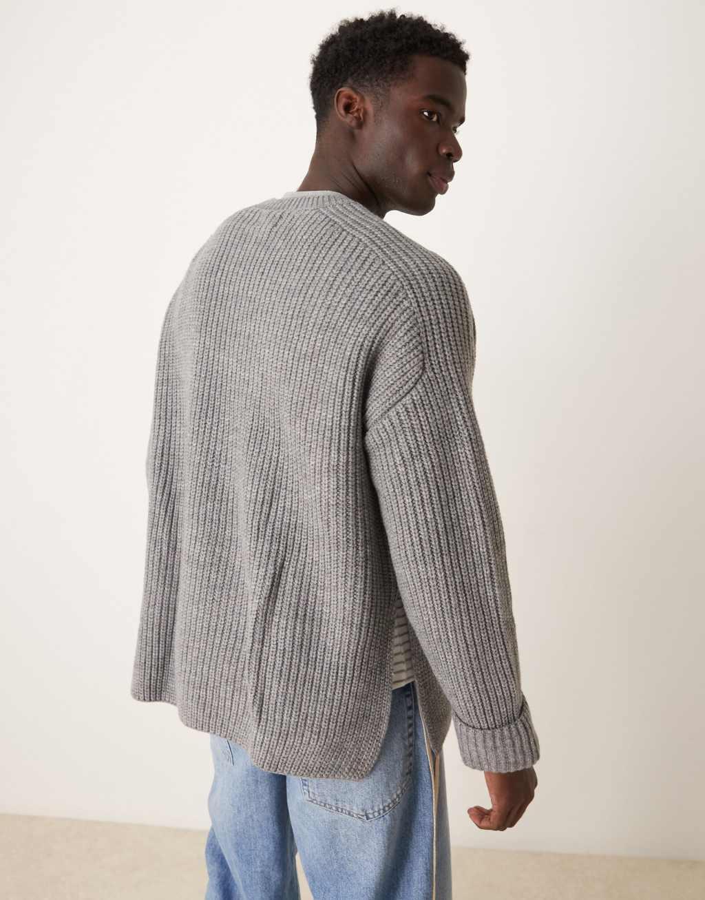 ASOS DESIGN oversized wool mix heavyweight rib sweater in light gray Product Image
