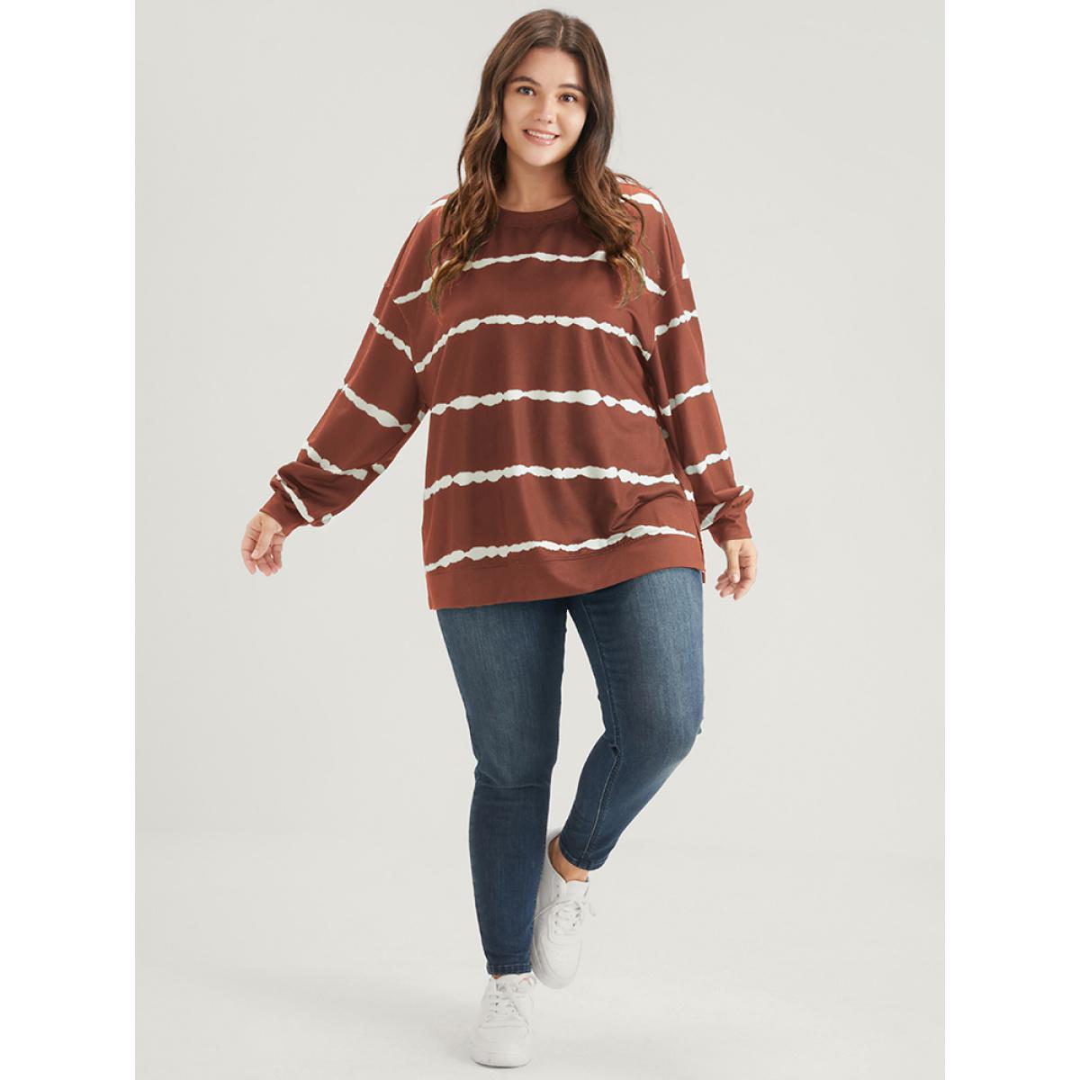 Plus Size Tie Dye Striped Side Split Drop Shoulder Sweatshirt Women Chocolate Casual Tie Dye Loose Round Neck Dailywear Sweatshirts BloomChic 10/M Product Image