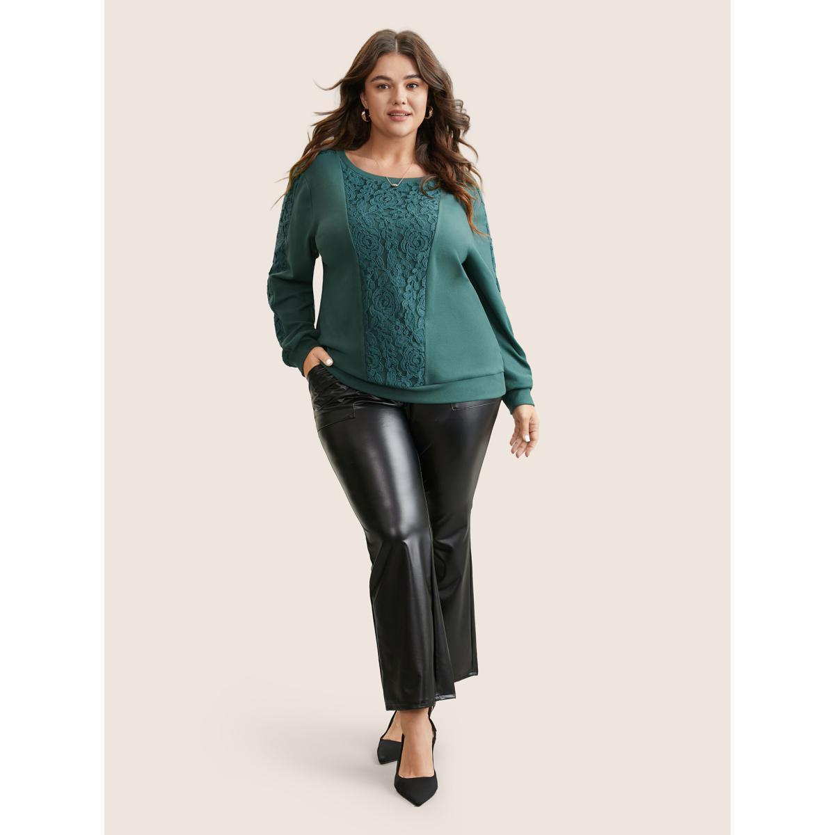 Plus Size Solid Lace Patchwork Crew Neck Sweatshirt Women Cyan Elegant Plain Round Neck Dailywear Sweatshirts BloomChic 28/5X Product Image