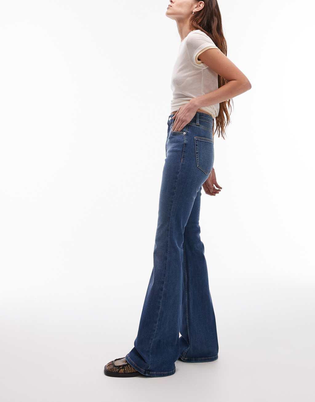 Topshop Jamie flare high rise jeans in mid blue  Product Image