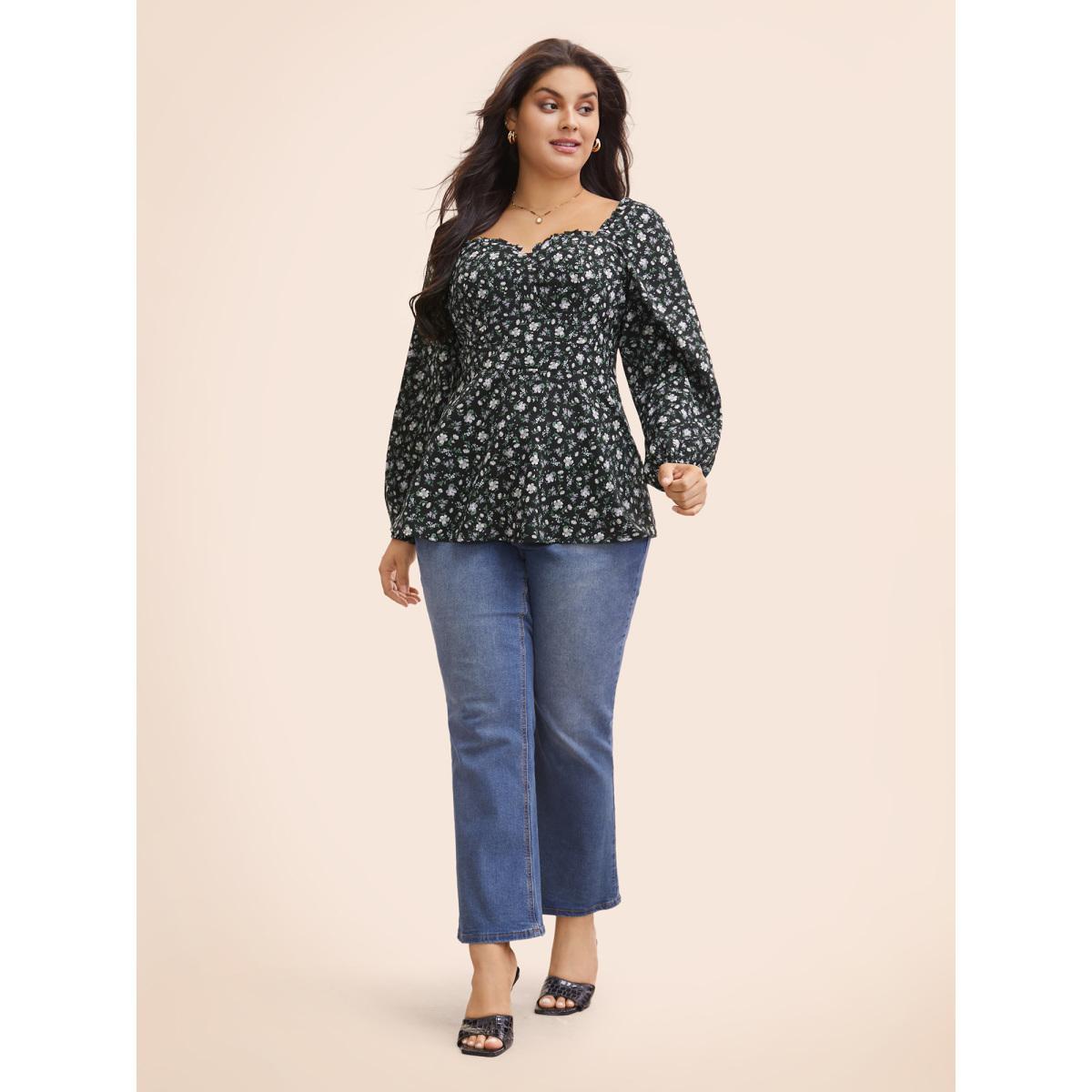 Plus Size Black Heart Neckline Ditsy Floral Shirred Blouse Women Elegant Long Sleeve Heart neckline Everyday Blouses BloomChic 28/5X Product Image