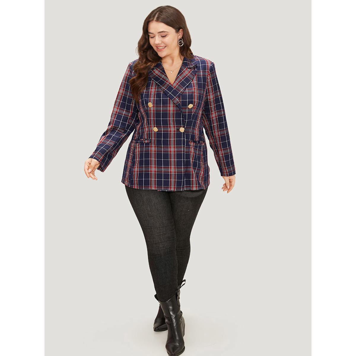 Plus Size Plaid Suit Collar Button Up Pocket Blazer Indigo Women Dailywear Plaid Contrast Sleeve Long Sleeve Suit Collar 30/6X Pocket Casual Blazers BloomChic Product Image