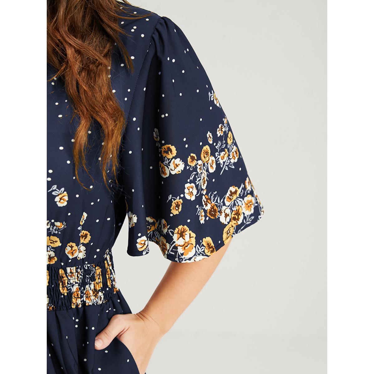 Plus Size Floral Pocket Split Hem Flutter Shirred Maxi Dress Navy Women Casual Printed V-neck Half Sleeve Curvy Midi Dress BloomChic 30/6X Product Image