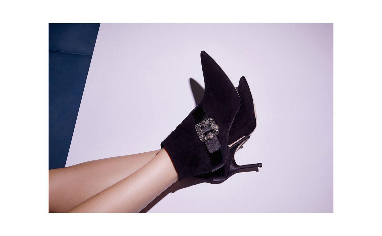 PLINIANU Black Suede Jewel Buckle Ankle Boots  Product Image