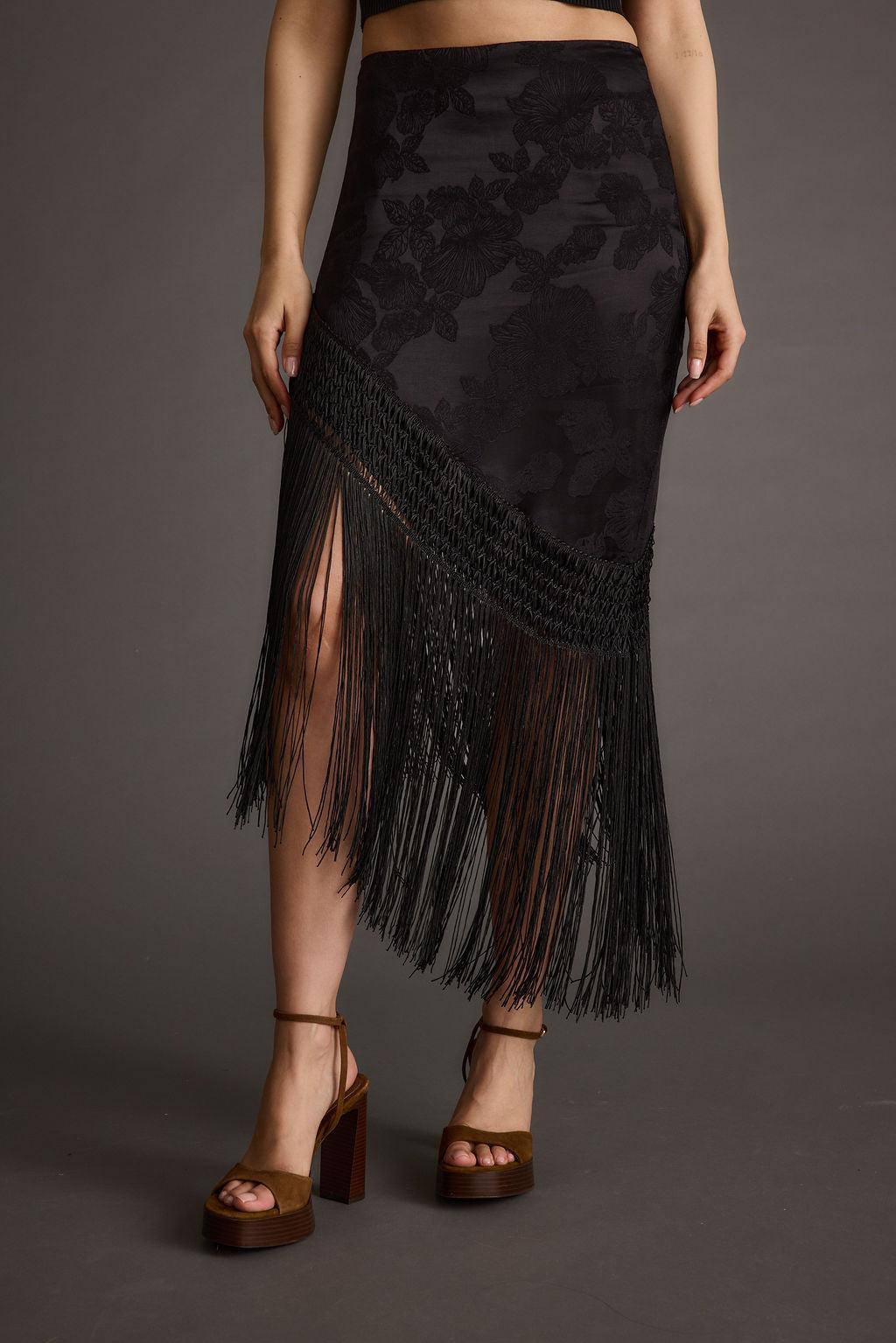 Frankie Black Satin Jacquard Fringe Midi Skirt Product Image