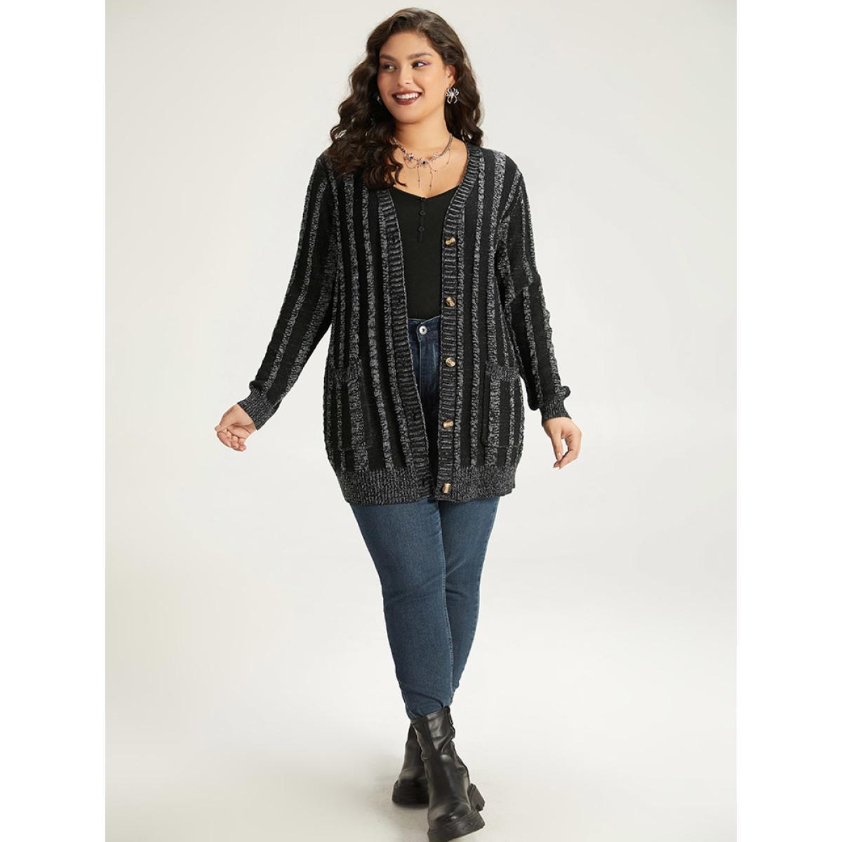 Plus Size Halloween Striped Patched Pocket Button Up Cardigan Black Women Casual Loose Long Sleeve Festival-Halloween Cardigans BloomChic 30/6X Product Image