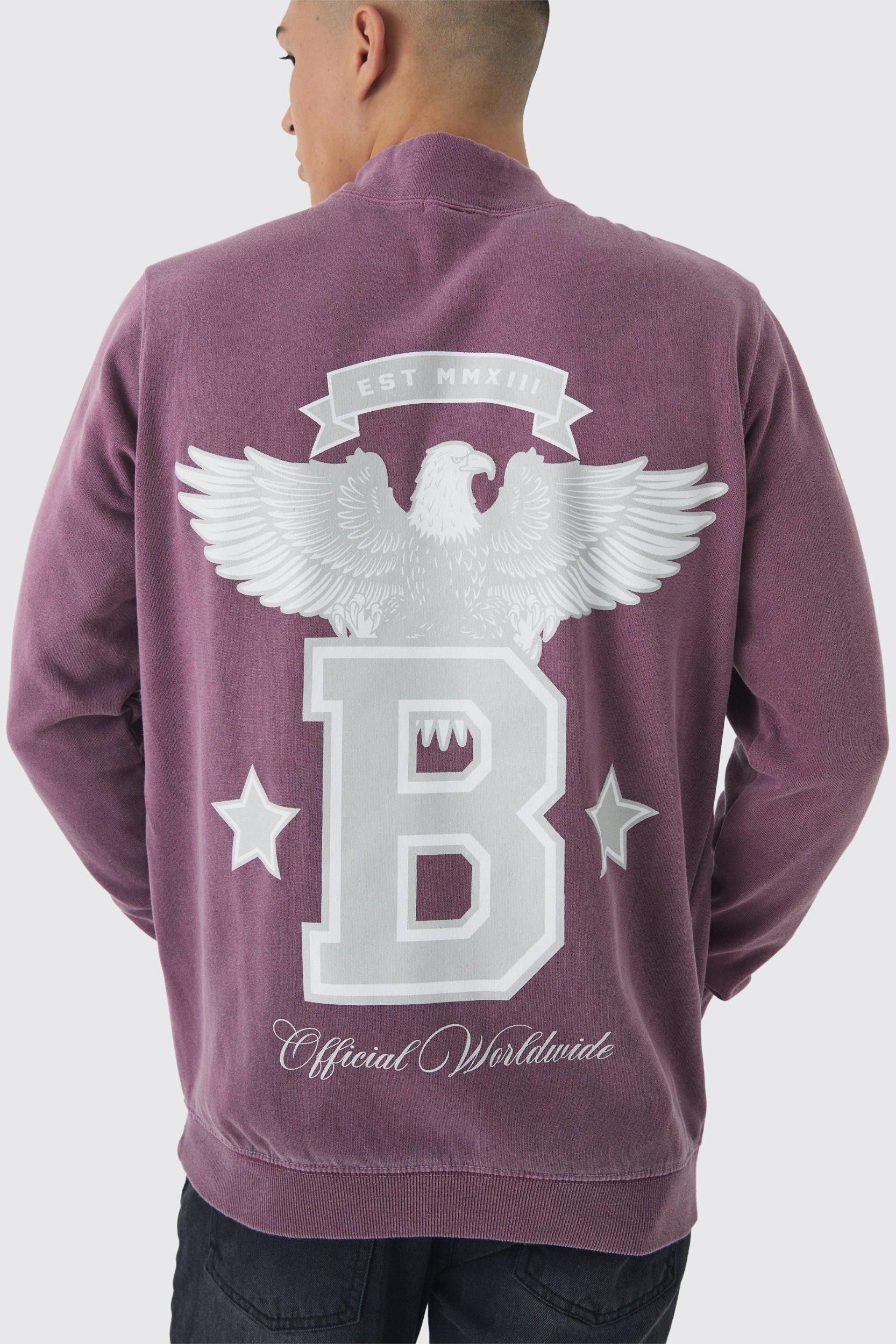 Regular Fit B Eagle MMXIII Varsity Graphic Quarter Zip Washed Sweatshirt | boohooMAN USA Product Image