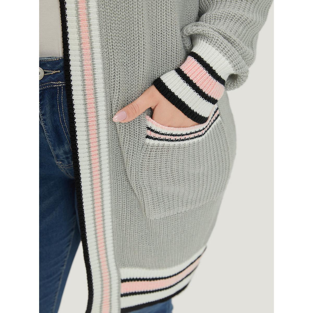 Plus Size Striped Contrast Drop Shoulder Elastic Cuffs Cardigan LightGray Women Casual Loose Long Sleeve Dailywear Cardigans BloomChic 26/4X Product Image