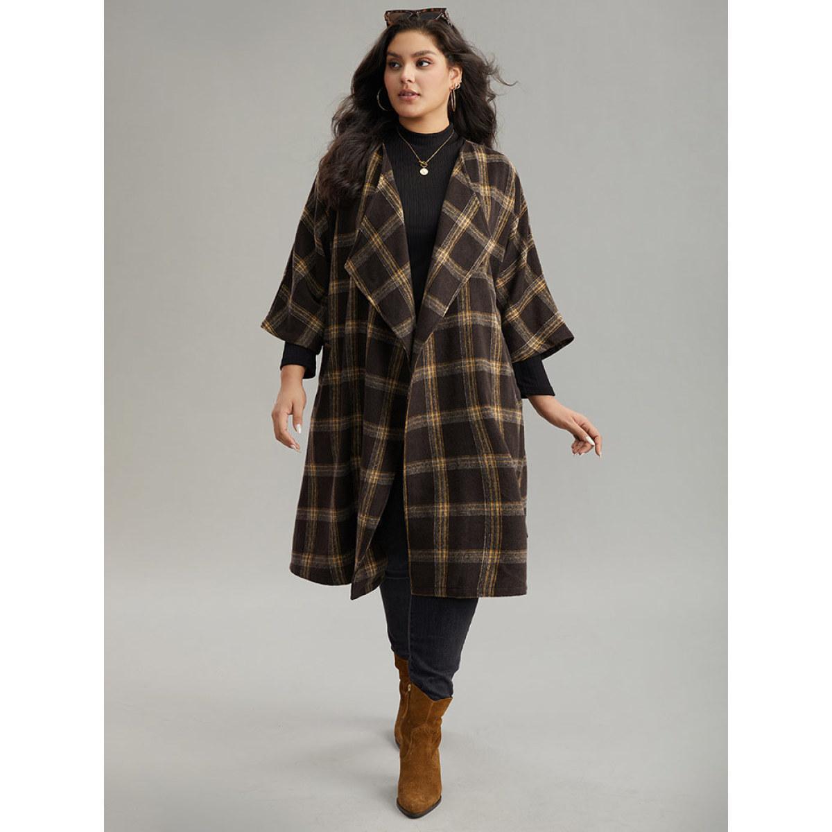 Plus Size Plaid Asymmetrical Neck Dolman Sleeve Belted Coat Women DarkBrown Elegant Belted Ladies Dailywear Winter Coats BloomChic 14-16/1X Product Image