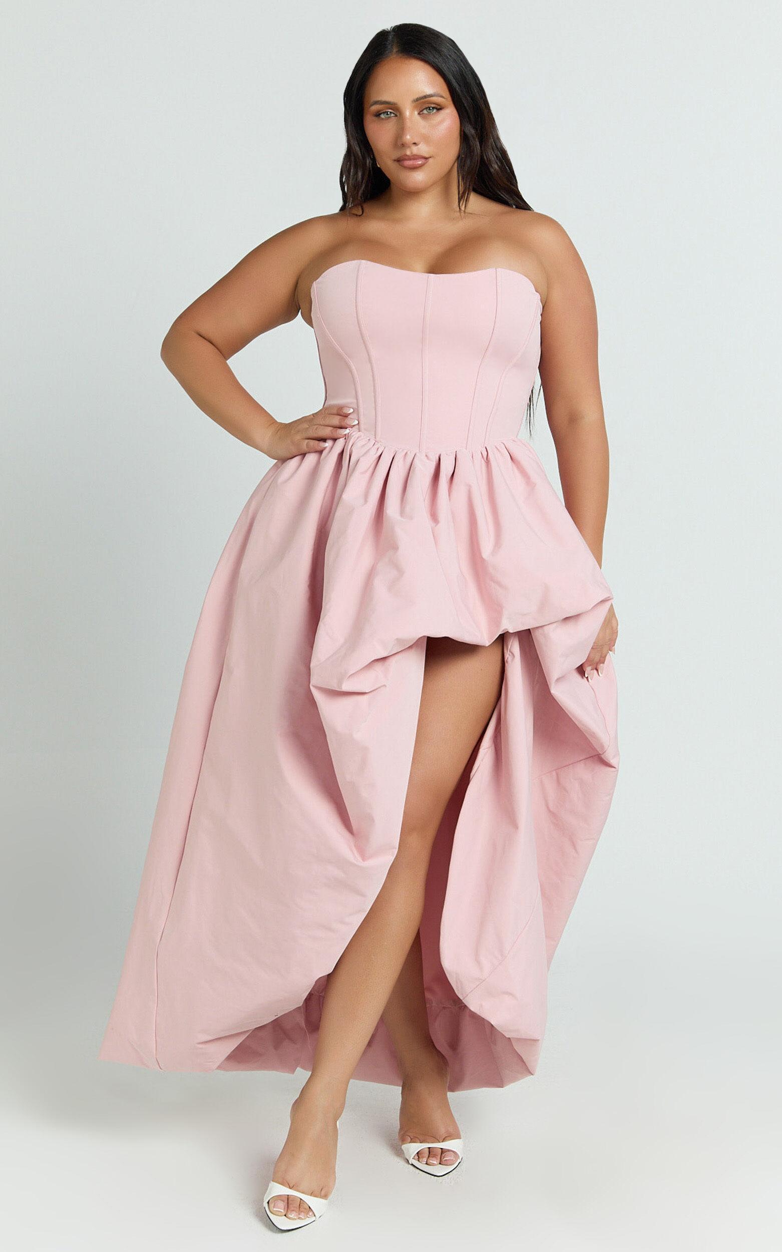 Seraphina Maxi Dress - Strapless Asymmetrical Bubble Hem Dress in Pink Product Image