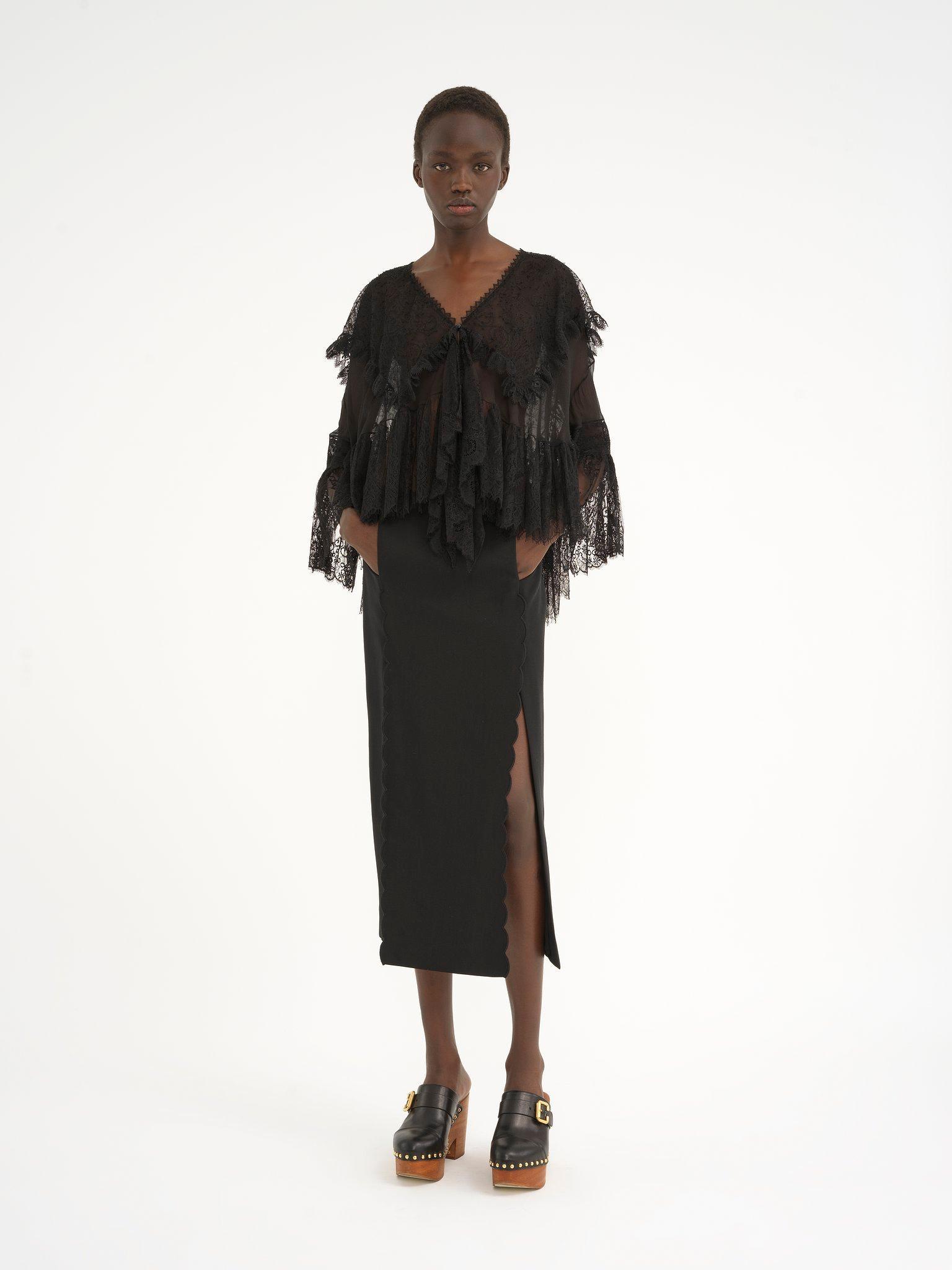 Scallop embroidered column skirt in fluid viscose Product Image